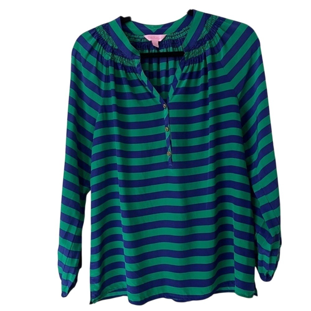 Lilly Pulitzer Elsa Blouse in Emerald Green and Blue Starboard Stripe Sz S - Picture 2 of 8